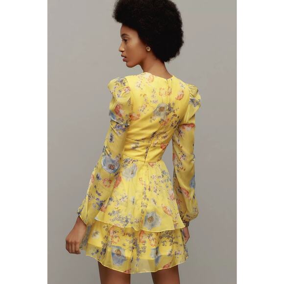 Mac Duggal Long-Sleeve V-Neck Mini Dress Anthropologie Yellow Printed Floral - Picture 9 of 12